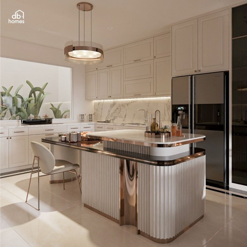 Gam màu trung tính kết hợp với các vật liệu hiện đại tạo nên một không gian bếp hài hòa và ấn tượng