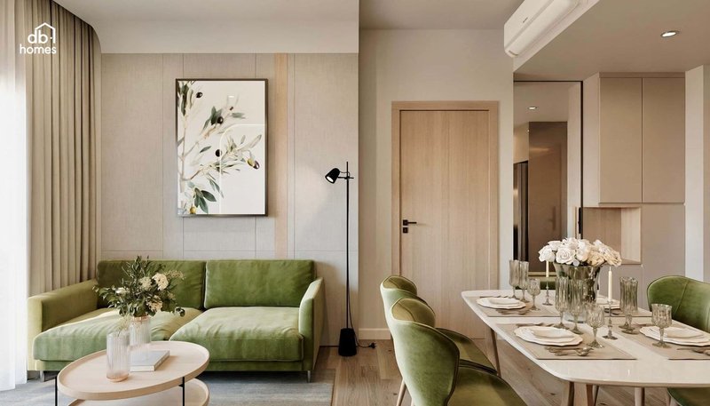 Màu xanh lá trong tthiết kế nội thất phòng bếp hiện đại tạo cảm giác gần gũi với thiên nhiên