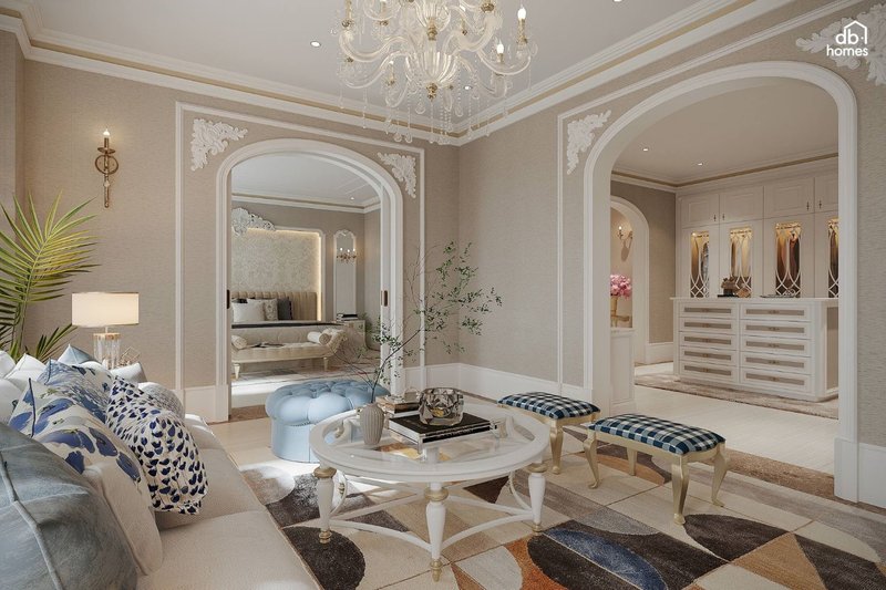 Những chi tiết trang trí hoa văn phức tạp kết hợp khéo léo cùng tiện ích hiện đại trong thiết kế nội thất chung cư Tân Cổ Điển