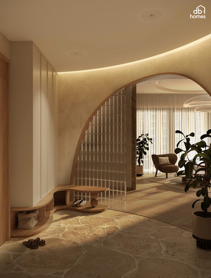 Hình khối uốn lượn và đường cong hữu cơ với sofa cong và bàn oval