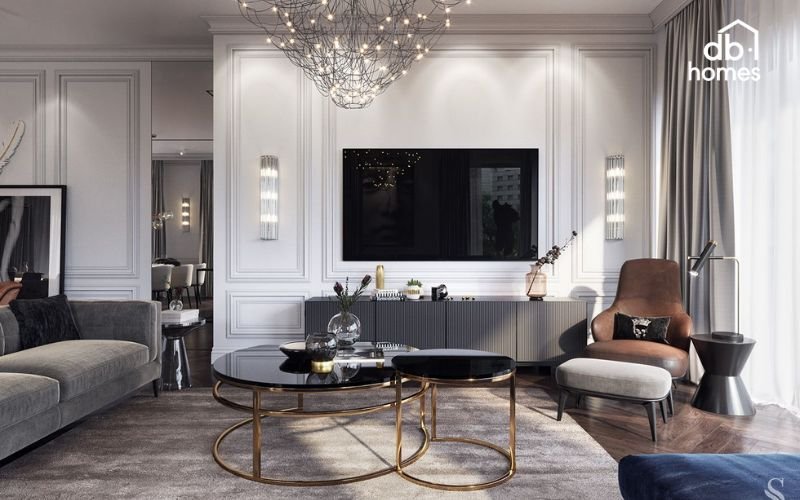 Bộ bàn ăn rộng rãi kết hợp ghế bọc vải cao cấp và đèn chùm trang trí trên trần, mang đến không gian phòng ăn ấm cúng và đầy tinh tế