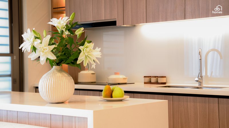 Phòng bếp theo tinh thần nội thất Wabi Sabi: đơn giản, tự nhiên nhưng giàu tính kết nối.