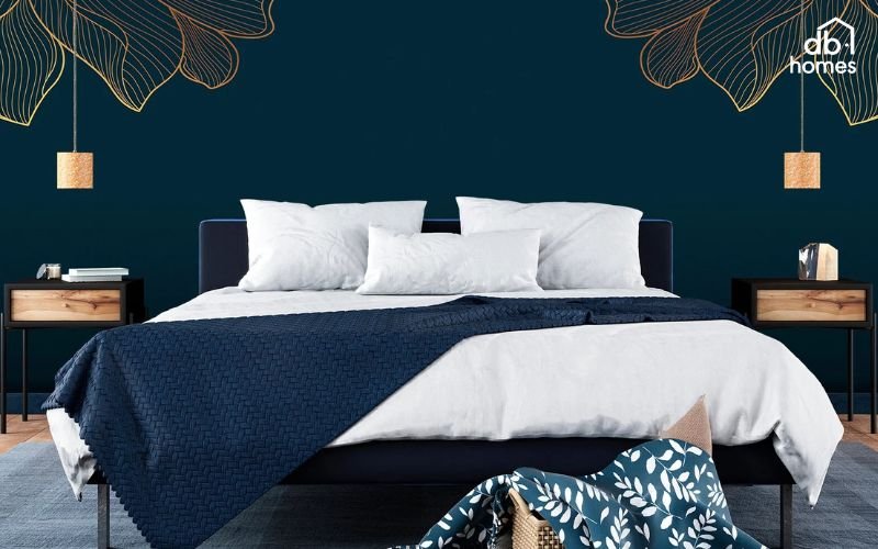 Sơn màu xanh nước biển cho phòng ngủ​ theo nguyên tắc phối màu 60-30-10 giúp phòng ngủ trở nên hài hòa, tinh tế