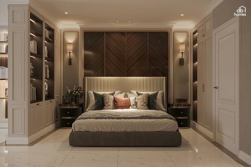 Giường ngủ bọc nệm kết hợp với ánh sáng dịu nhẹ mang đến một không gian yên bình