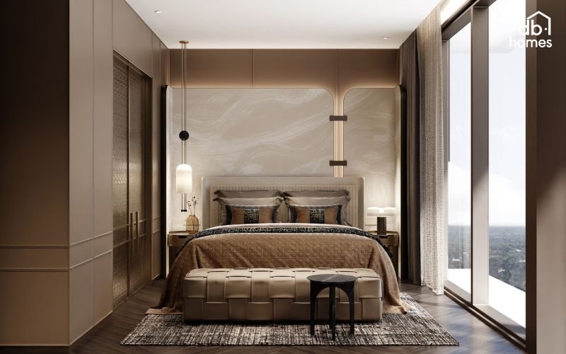 Tông màu sáng và vật liệu phản chiếu giúp tối ưu hóa ánh sáng và tạo không gian tươi sáng cho phòng ngủ