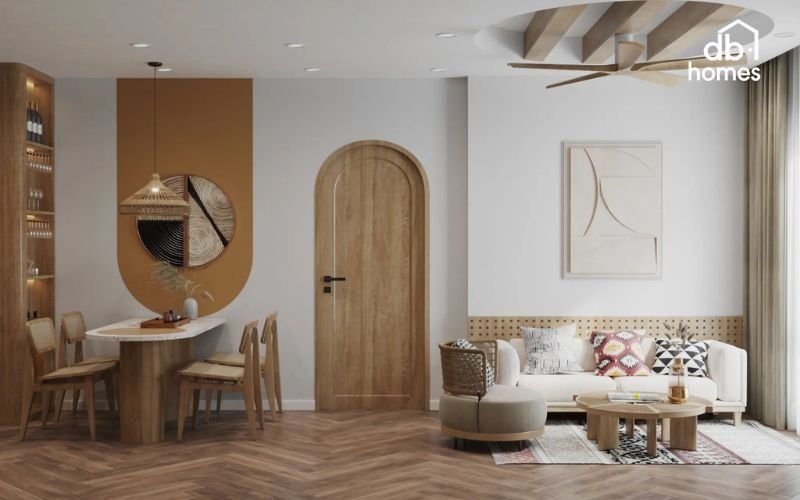 Sử dụng gam màu nhẹ nhàng của gỗ, đá và vải sợi tự nhiên, tạo cảm giác ấm áp, yên bình