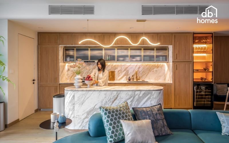 Bố trí không gian phòng bếp cho căn hộ cần đảm bảo tiện nghi, gọn gàng và thẩm mỹ