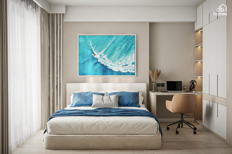 Thiết kế nội thất phòng ngủ hiện đại với tông màu xanh trắng nổi bật, nội thất đa năng và ánh sáng tự nhiên giúp không gian thêm thoải mái