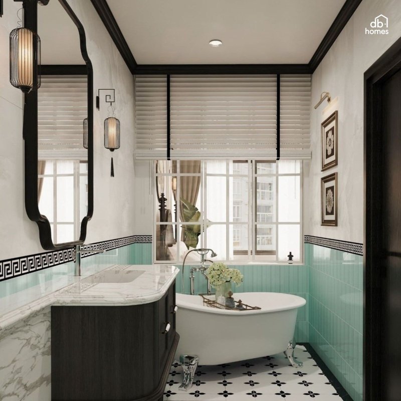 Phòng tắm phong cách Indochine với thiết kế độc đáo, kết hợp gạch lát họa tiết cổ điển và ánh sáng tự nhiên tinh tế
