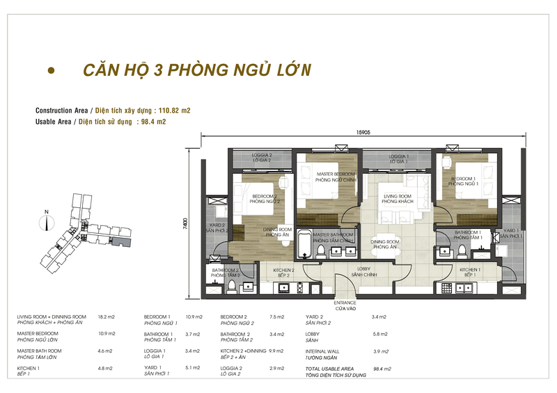 Mặt bằng căn hộ 3 phòng ngủ tại D-Homme