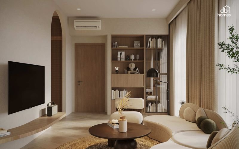 Thiết kế nội thất phòng khách theo phong cách hiện đại, tối giản nhưng tinh tế, mang đến không gian sang trọng và tiện nghi