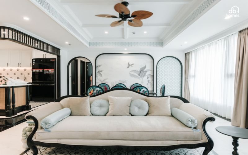 Thiết kế nội thất phòng khách phong cách Indochine tạo nên không gian sang trọng, hoài cổ nhưng vẫn đầy tiện nghi