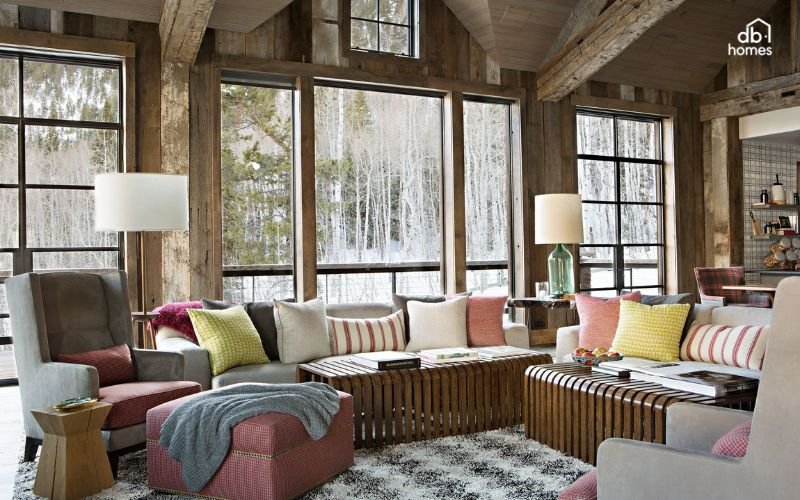 Phòng khách được thiết kế theo phong cách Rustic mang đến không gian gần gũi, ấm cúng và đầy thư giãn