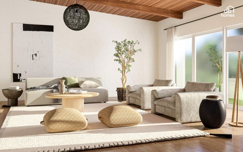 Phòng khách được thiết kế theo phong cách Japandi tạo nên không gian thanh lịch, thư thái và đầy tiện nghi