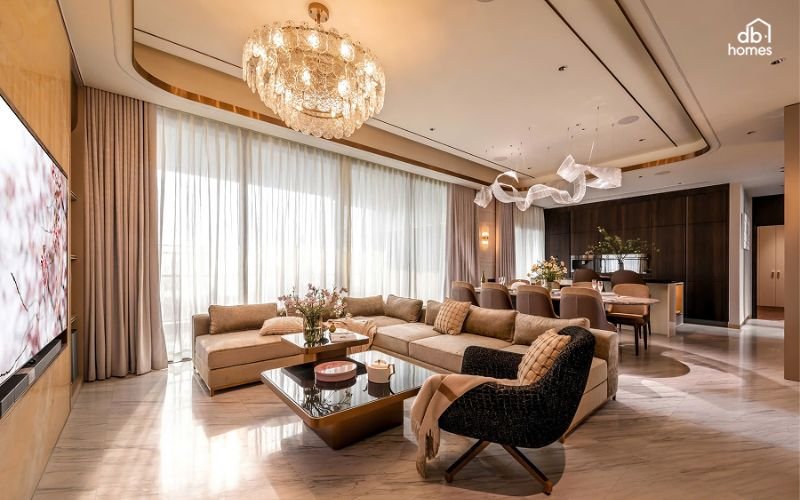 Thiết kế phòng khách kết hợp với bếp là xu hướng đang rất thịnh hành trong các căn hộ hiện đại