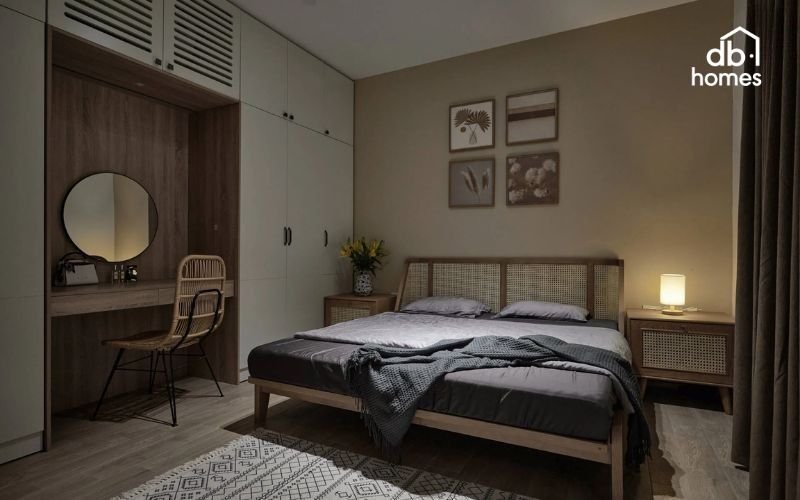 Ánh sáng cần đủ sáng nhưng không chói, có thể lắp đèn cảm ứng hoặc công tắc gần giường để tiện sử dụng vào ban đêm