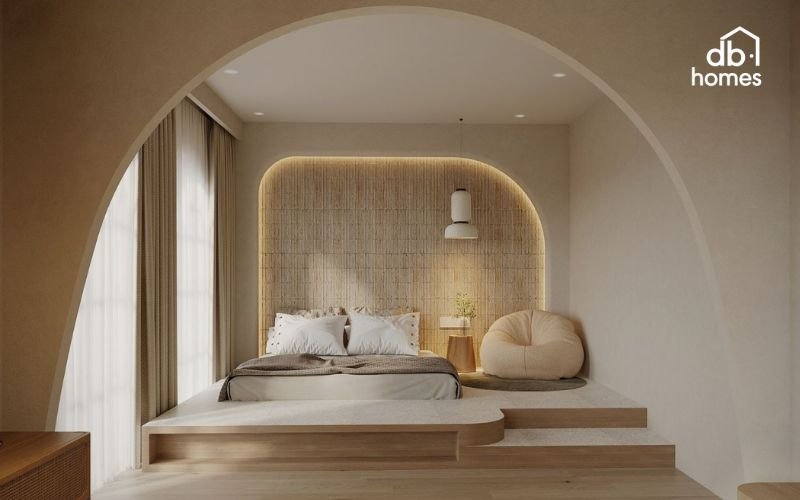 Sử dụng giường ngủ thấp đặc trưng, tông màu trung tính