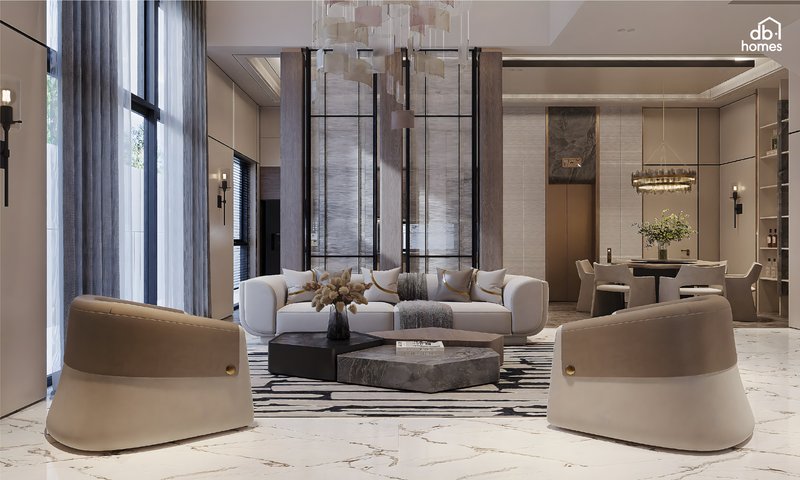 Không gian khách chính giao hòa ánh sáng và chất liệu