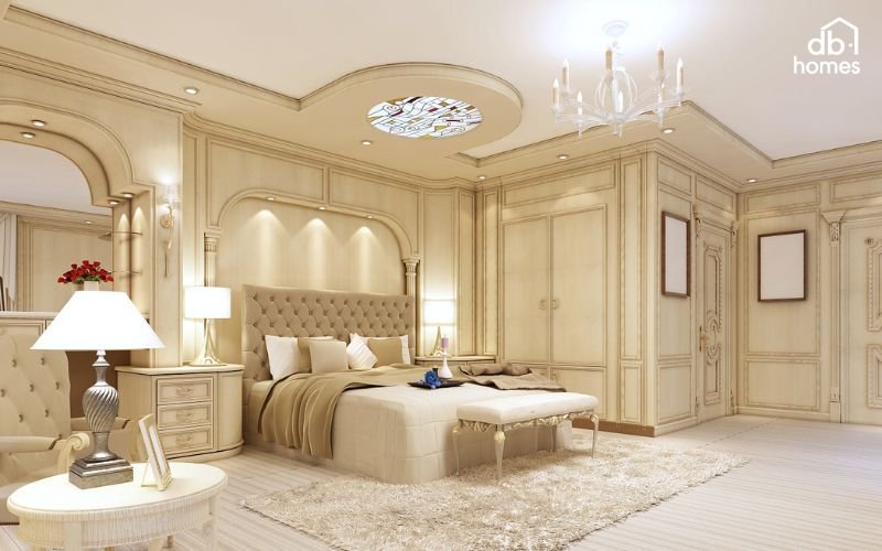Phòng ngủ master tân cổ điển kết hợp nét thanh lịch cổ điển với tiện nghi hiện đại, tạo nên không gian sang trọng và đẳng cấp
