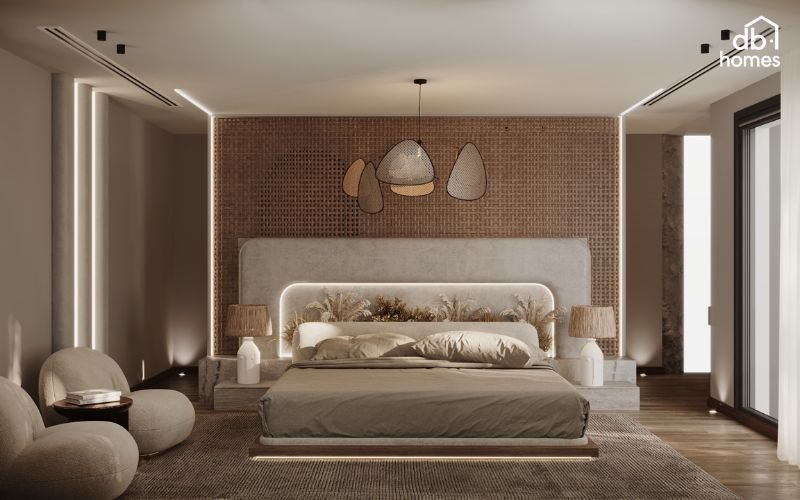 Phòng ngủ master phong cách Wabi Sabi mang đến vẻ đẹp mộc mạc, tinh tế và cảm giác bình yên trong từng chi tiết