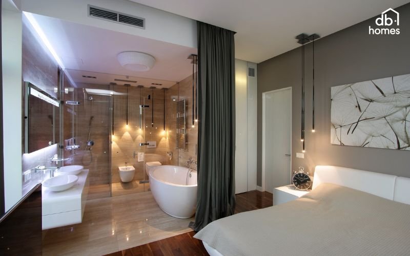 Phòng ngủ master tích hợp nhà tắm kính mang lại sự tiện nghi, sang trọng và cảm giác không gian mở hiện đại