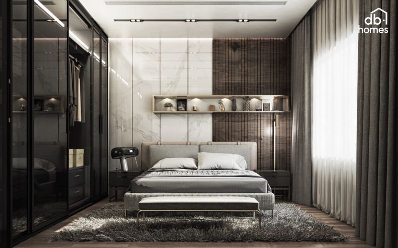 Ánh sáng tự nhiên kết hợp đèn trang trí giúp phòng ngủ master sáng thoáng, sang trọng và thư giãn hơn