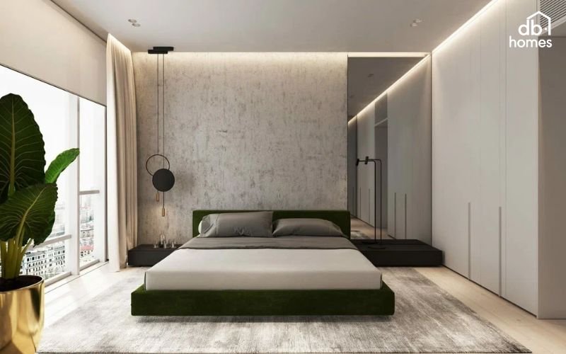 Phòng ngủ master hiện đại với nội thất tối giản mang đến không gian gọn gàng, thư giãn và đầy tiện nghi