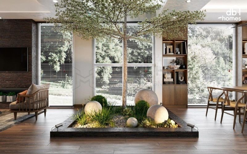 Tiểu cảnh mini kết hợp sỏi, gỗ, đá và cây bonsai tạo không gian xanh thư thái và sang trọng