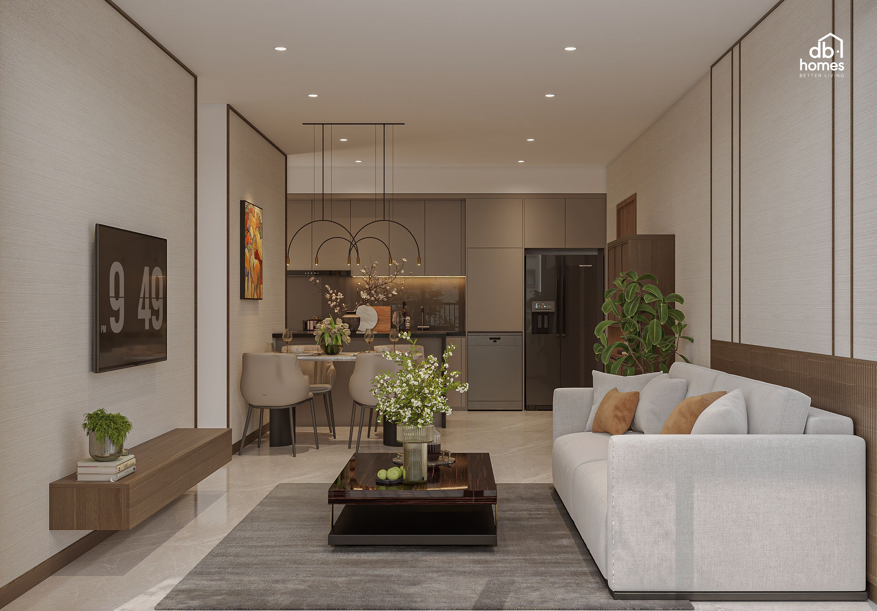 Phòng khách hiện đại phối hợp tinh tế giữa ánh sáng, vật liệu và tông màu tương phản hài hòa.