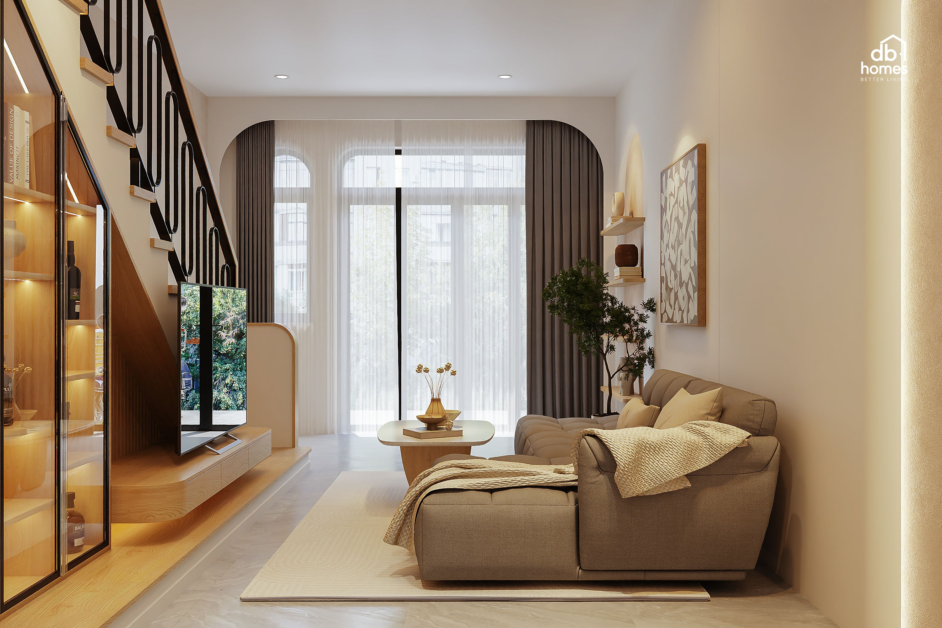 Phòng khách mang đậm chất Wabi Sabi nhưng không kém phần hiện đại