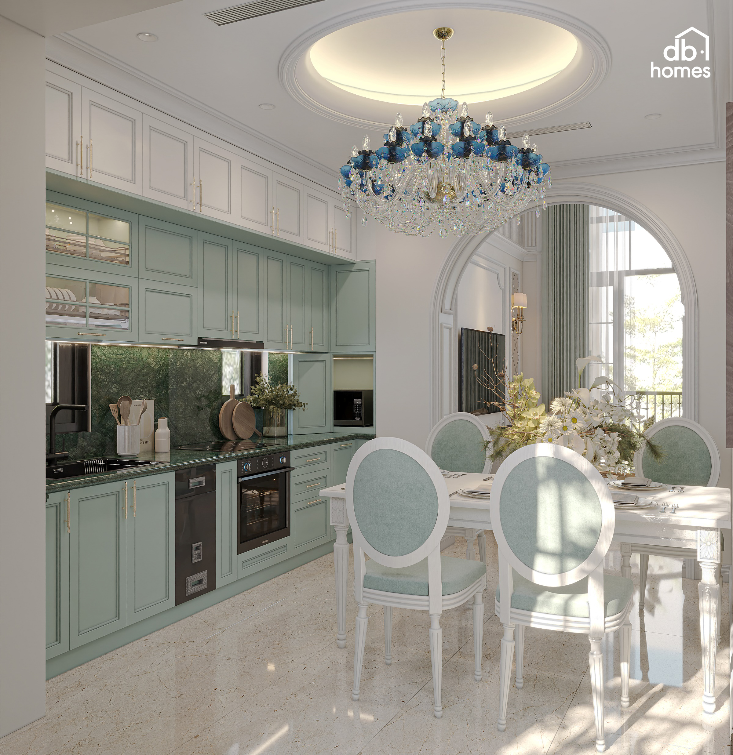 Nơi vẻ đẹp trang nhã của phòng khách hòa quyện cùng nhịp sống ấm áp nơi gian bếp