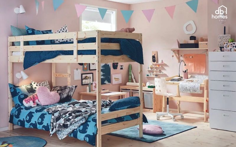 Thiết kế nội thất tiết kiệm không gian phòng ngủ 2 giường dành cho trẻ em